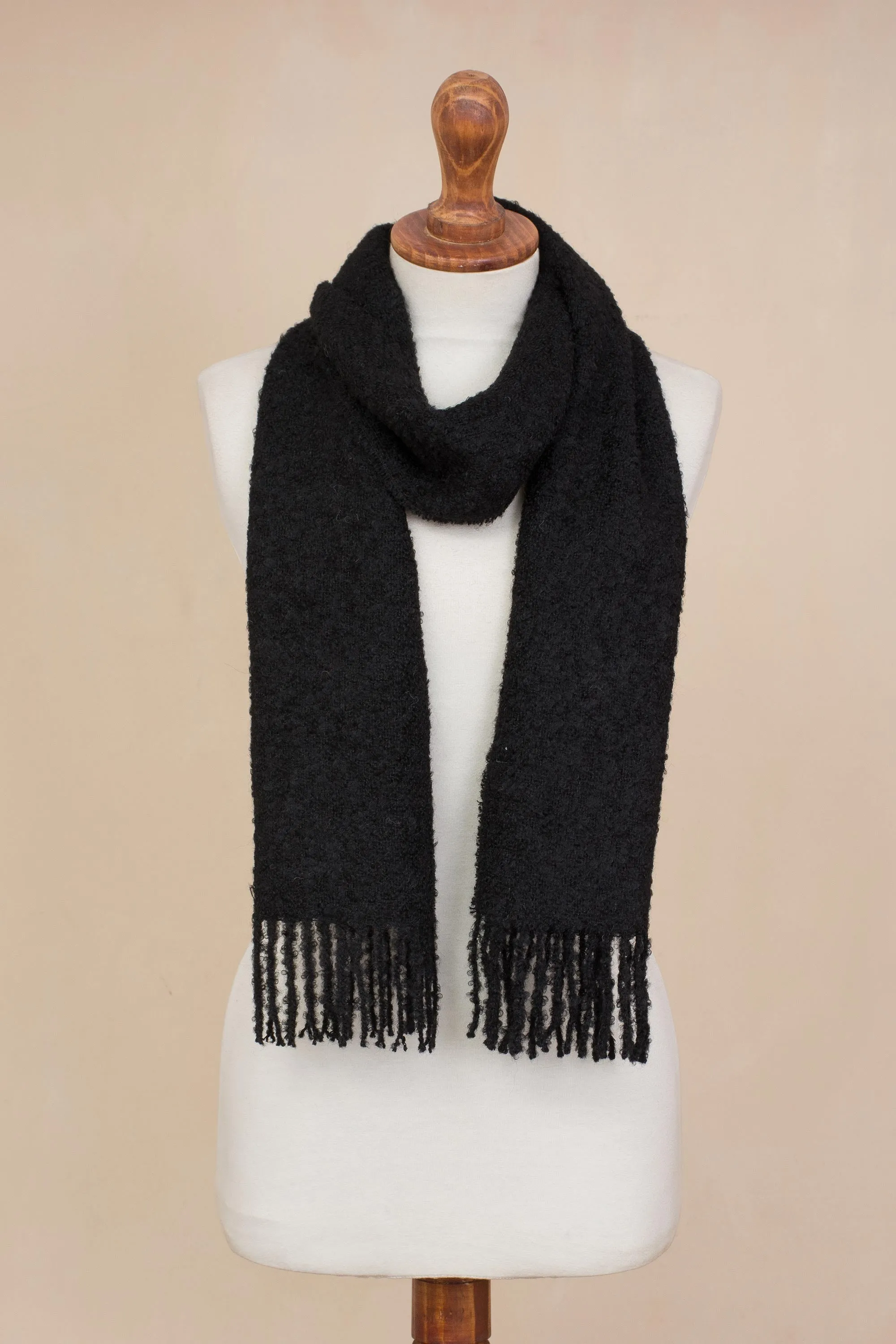 Andean Delight in Black 100% Alpaca Wrap Scarf in Solid Black from Peru