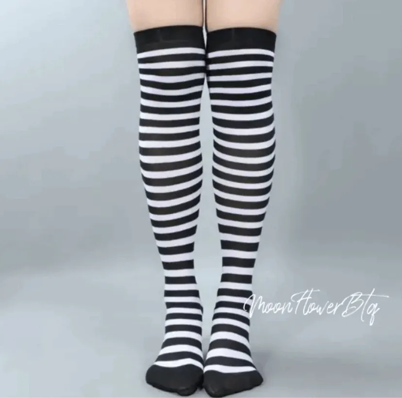 Black White Striped Over the Knee Thigh High Socks