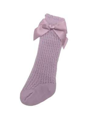 Bright Lilac Open Pattern Knee High Style Socks With Satin 3 Inch Bow