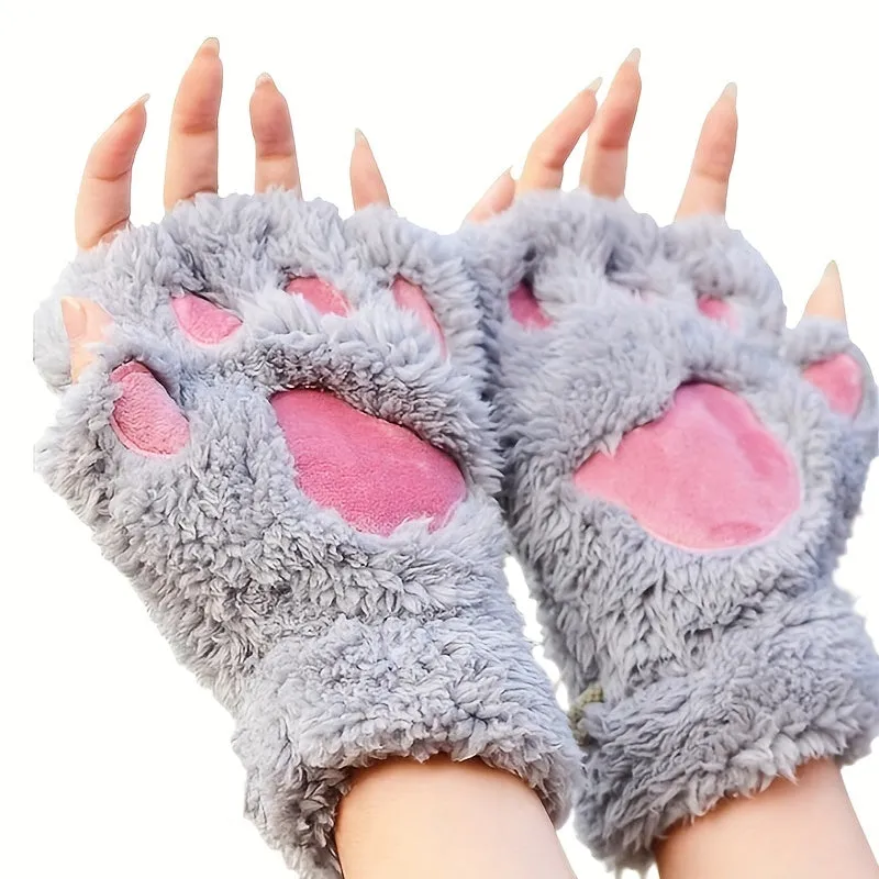 Cozy Cat Paw Fingerless Gloves - Warm, Touchscreen-Compatible, Non-Slip & Embroidered for Casual Chic