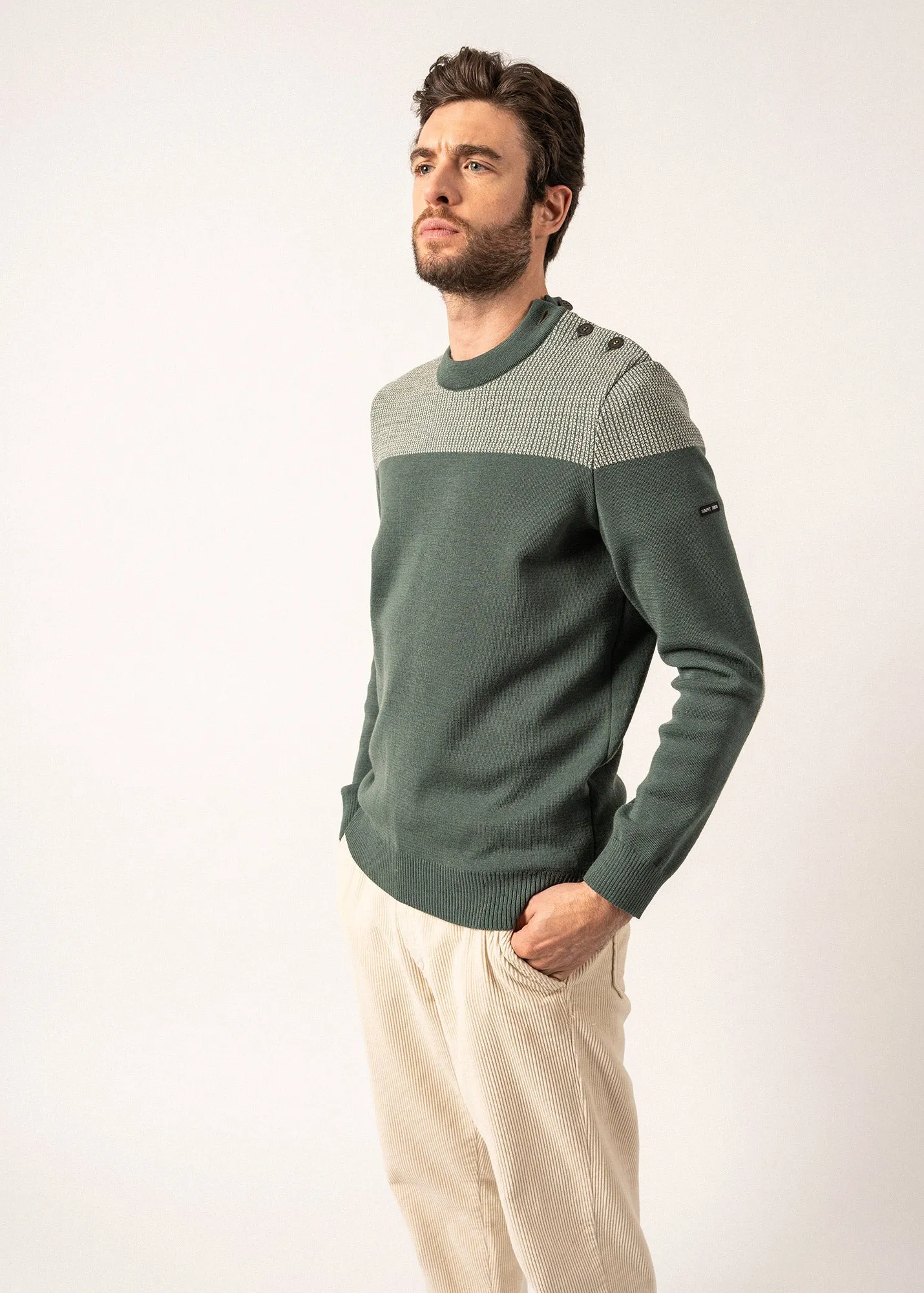 Dinan bicolour sailor jumper - with jacquard elbow patches, in pure new wool (VEGETAL/ECRU)