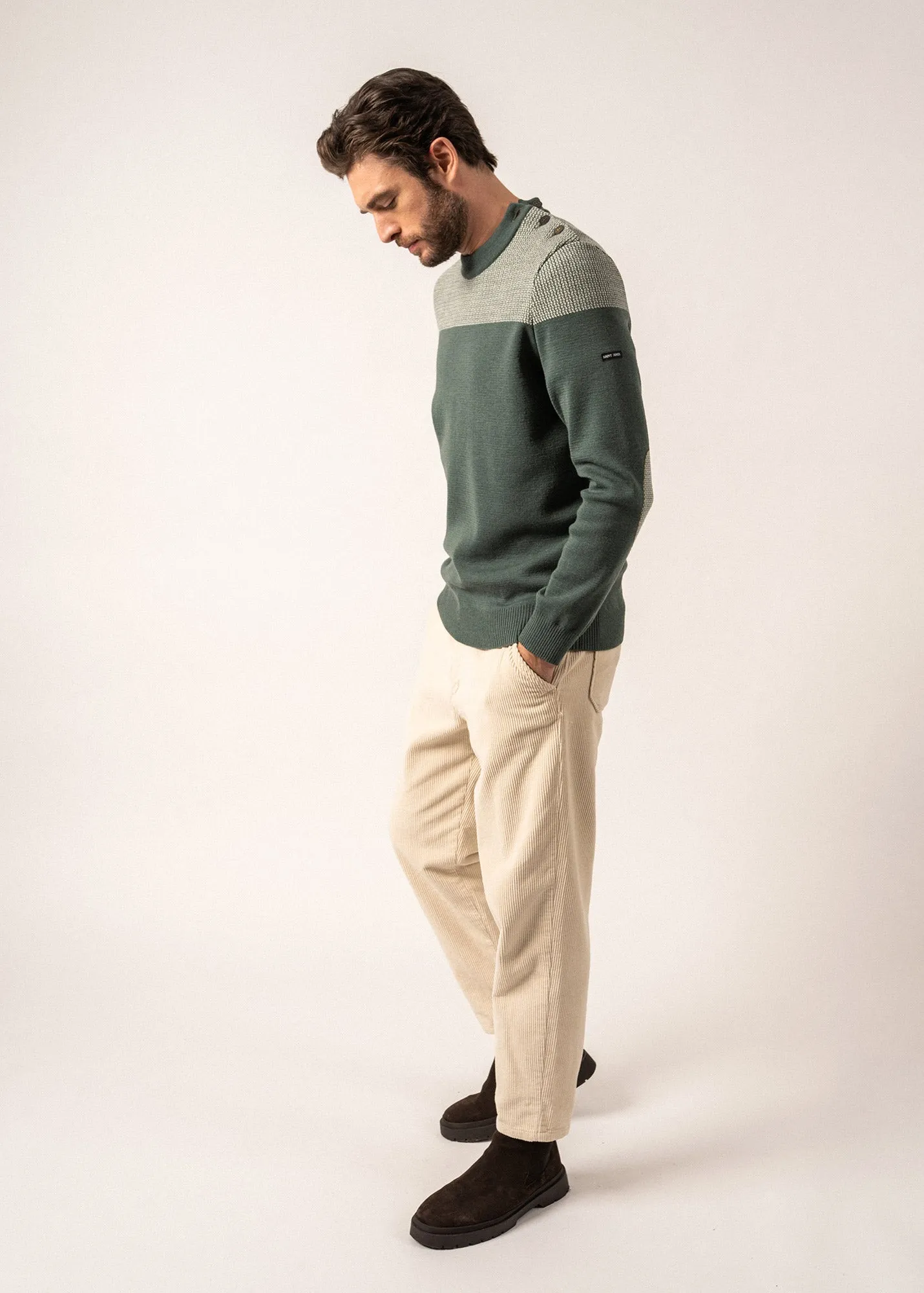 Dinan bicolour sailor jumper - with jacquard elbow patches, in pure new wool (VEGETAL/ECRU)