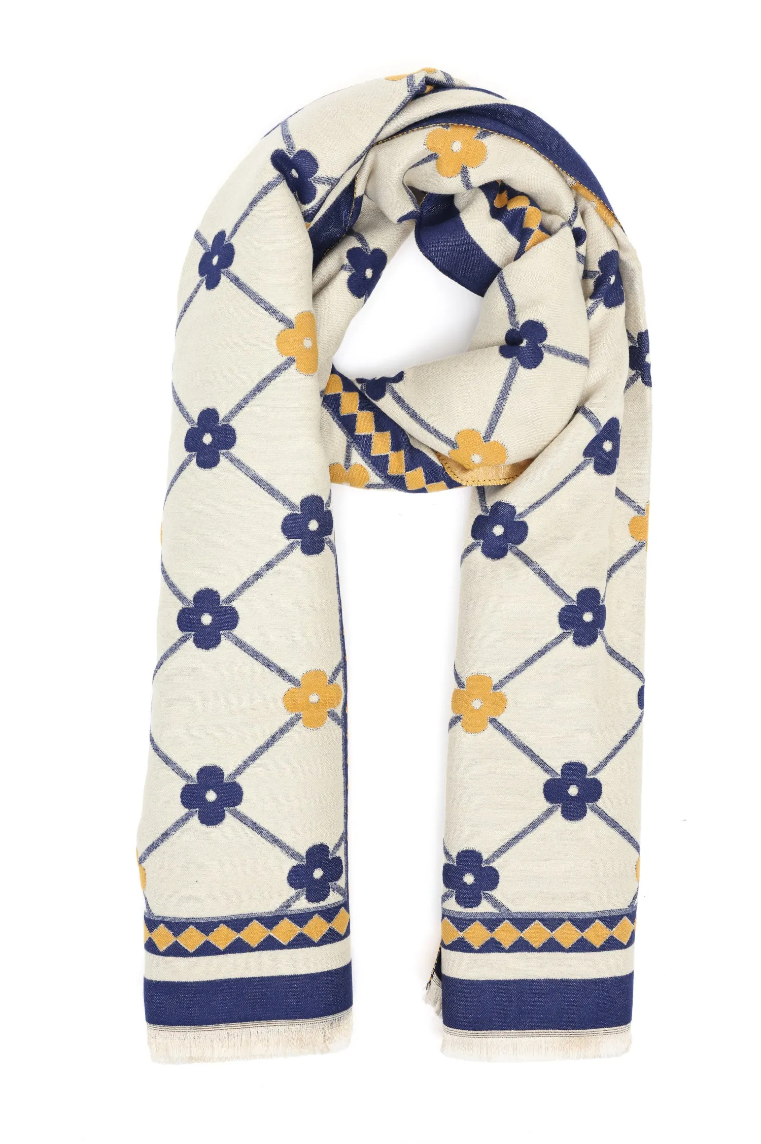 FLORAL PATTERNED WOVEN SCARF-NAVY