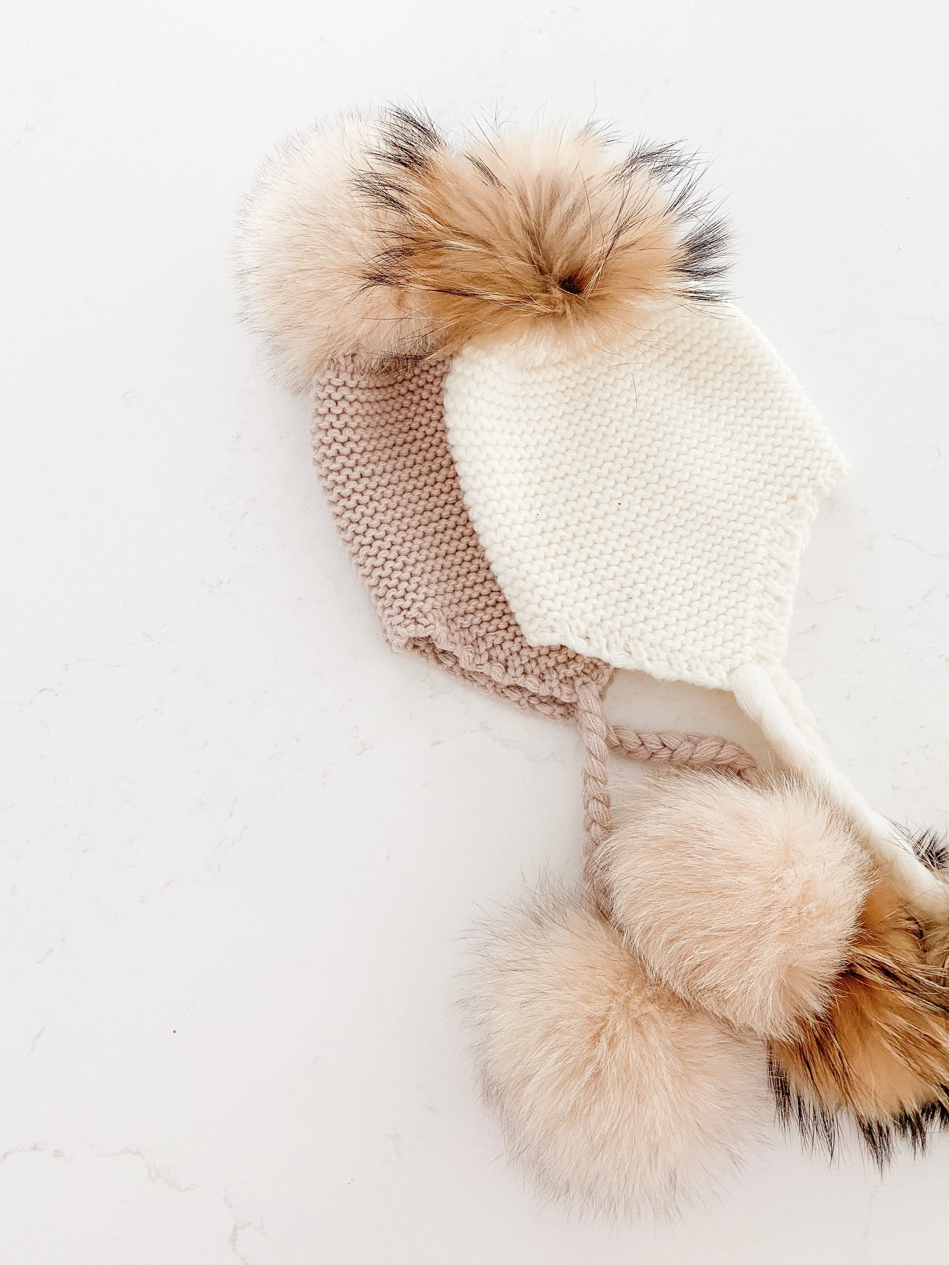 Furry Pom Pom Hat - Beige