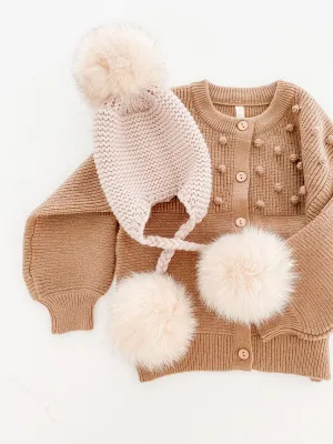 Furry Pom Pom Hat - Beige