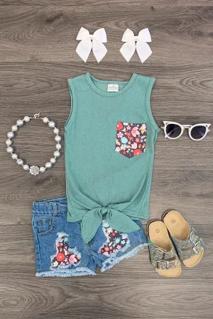 Jade & Floral Denim Short Set