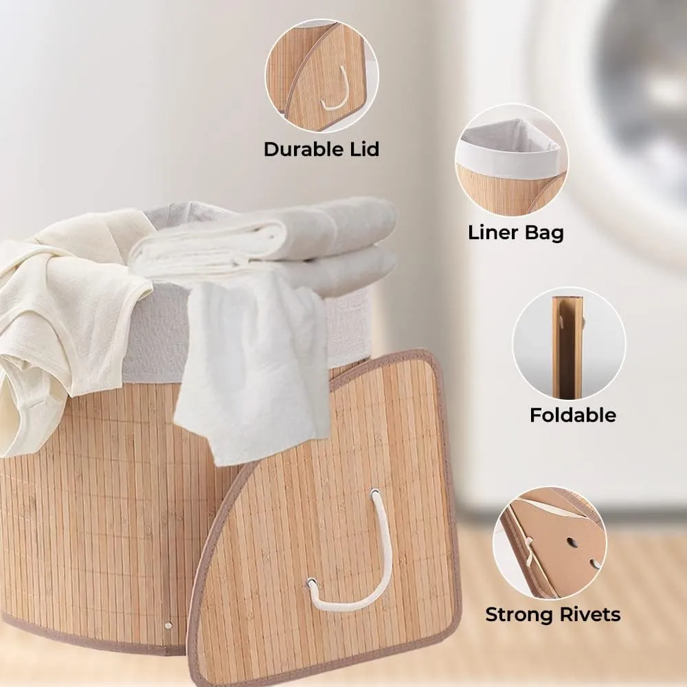 Kuber Industries Bamboo Basket With Lid|Foldable Laundry Basket For Clothes|Durable Rope Handles & Removable Bag|Natural Pack Of 2