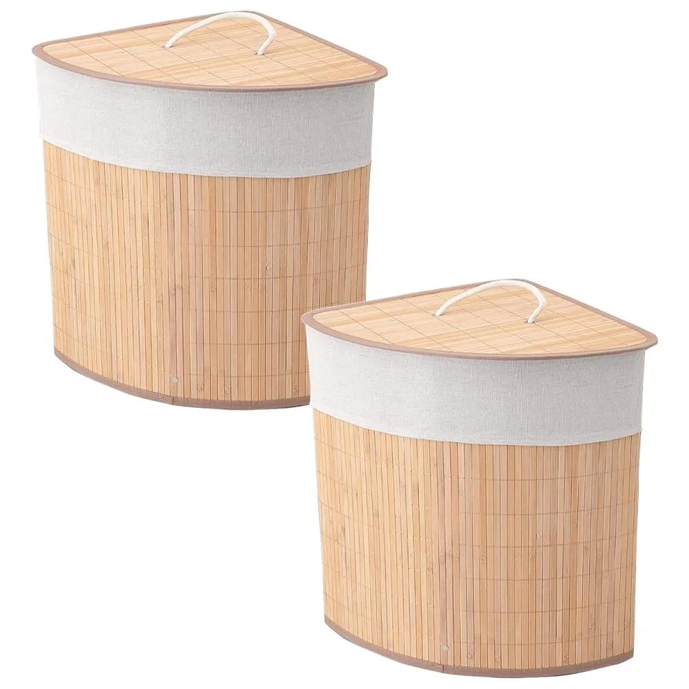 Kuber Industries Bamboo Basket With Lid|Foldable Laundry Basket For Clothes|Durable Rope Handles & Removable Bag|Natural Pack Of 2