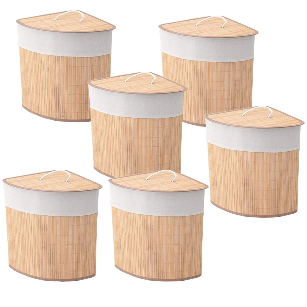 Kuber Industries Bamboo Basket With Lid|Foldable Laundry Basket For Clothes|Durable Rope Handles & Removable Bag|Natural Pack Of 6