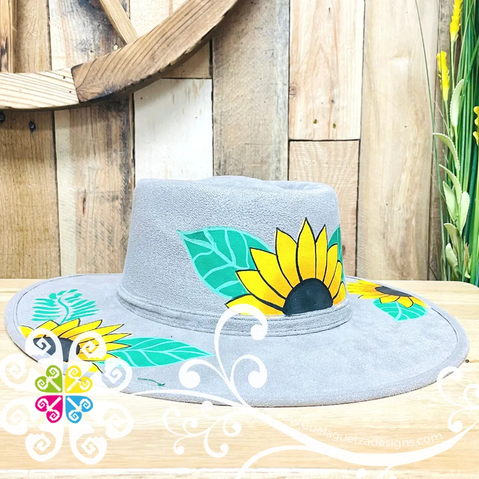 Light Gray Hat Tri Sunflower - Hand Painted Fall Hat