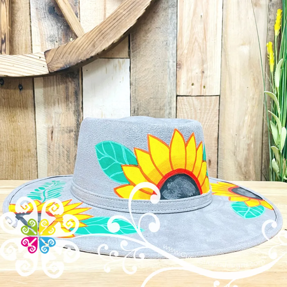 Light Gray Hat Tri Sunflower - Hand Painted Fall Hat