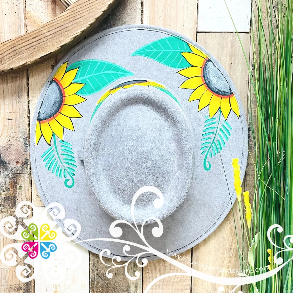 Light Gray Hat Tri Sunflower - Hand Painted Fall Hat