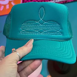 Online Exclusive | White Boot Stitch Foam Trucker Cap in Solid Jade Blue