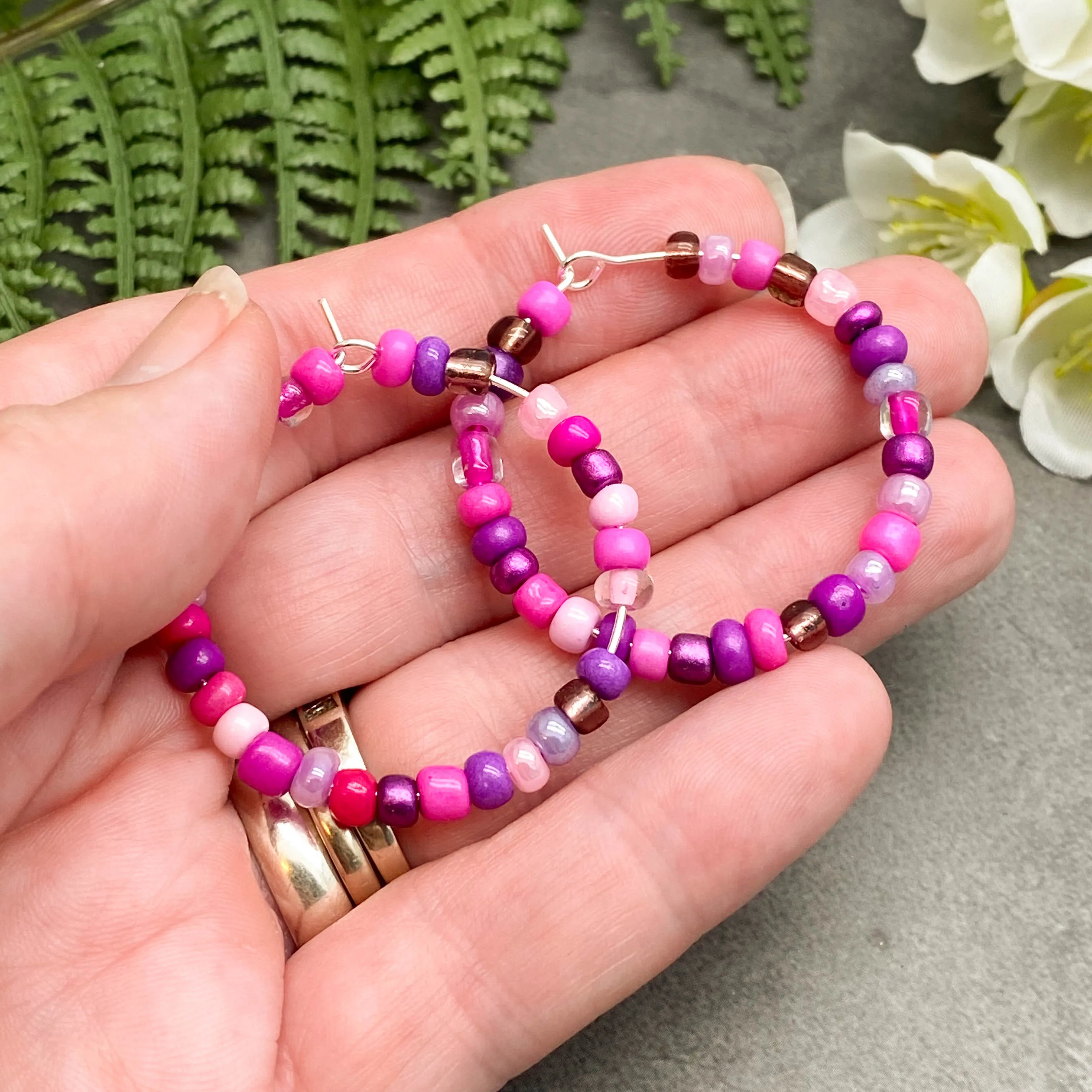 Pink and Purple Seed Bead Hoops 35mm