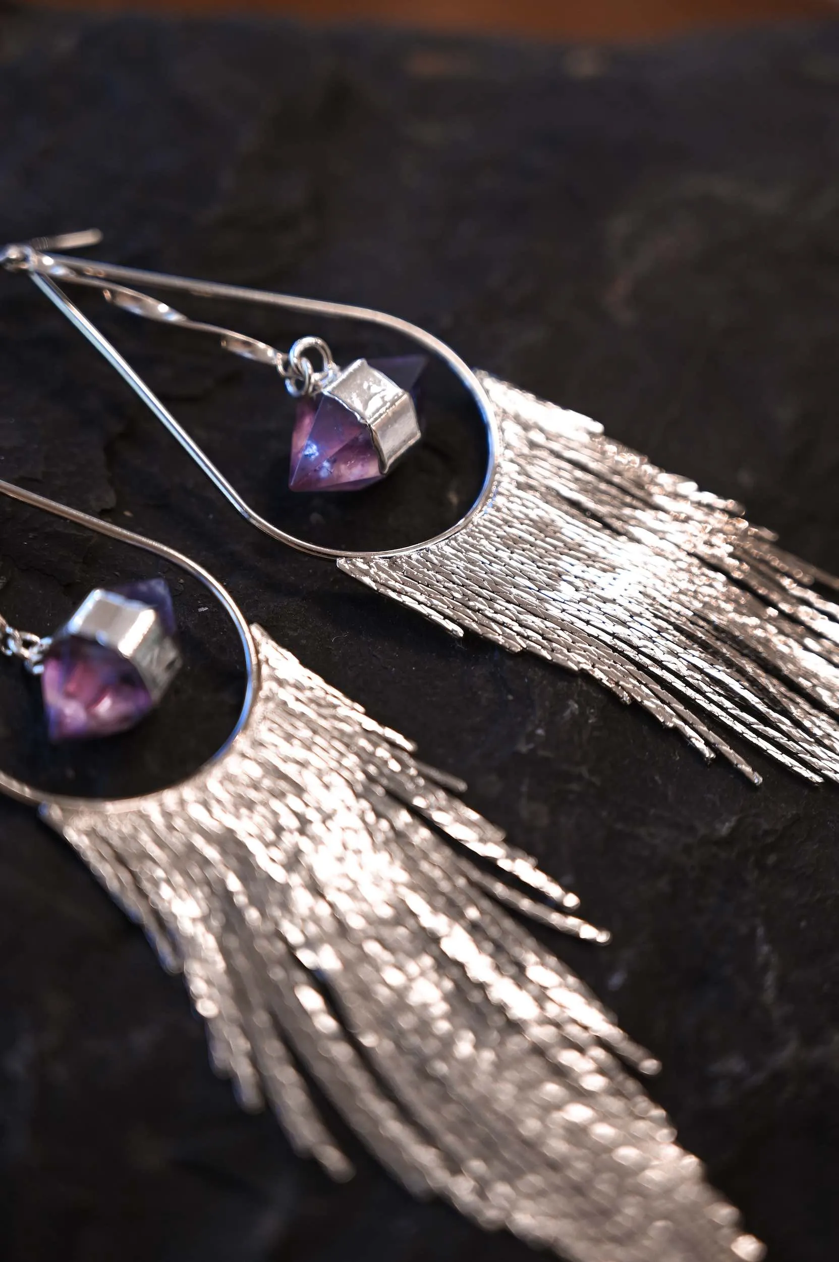 Protector of My Dreams Amethyst Silver Fringe Earrings