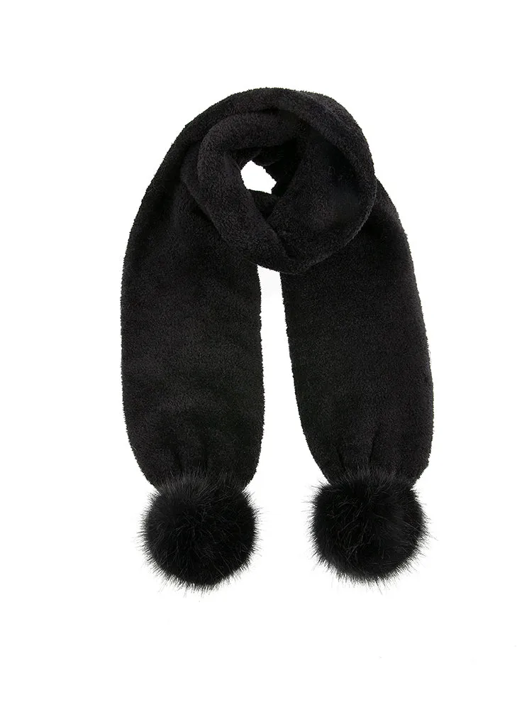 Women's Knitted Scarf with Faux Fur Pom Poms