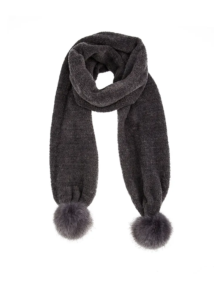 Women's Knitted Scarf with Faux Fur Pom Poms